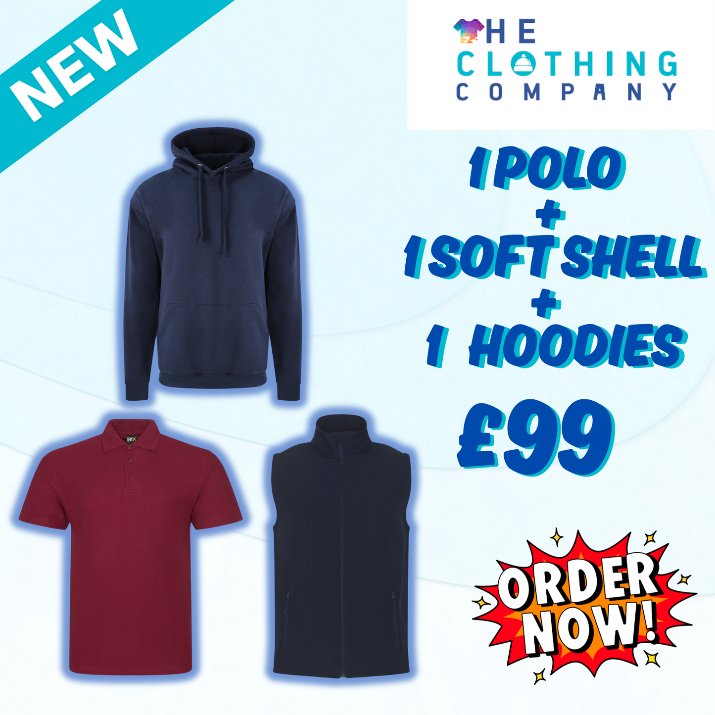 1 Polo, 1 soft shell, 1 hoodie £99 